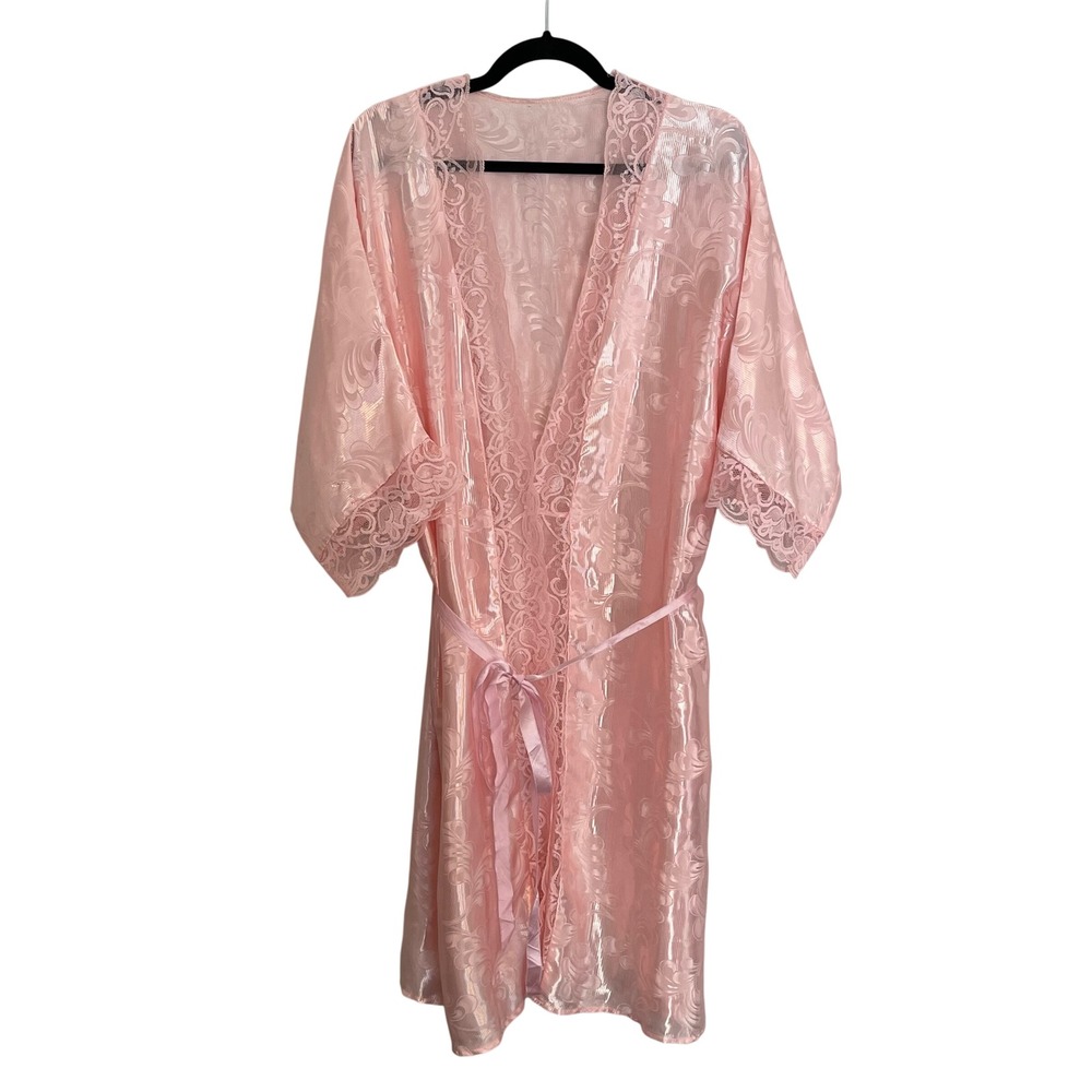 Shirley of Hollywood Pink Satin Damask Lace Trim Robe One Size Made in USA